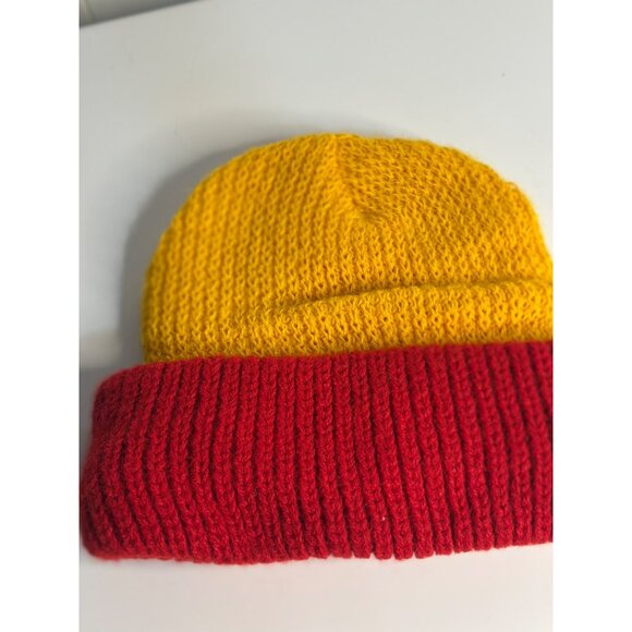 VTG Cadillac Beanie Knit Hat Red Yellow Embroidered Logo Patch Auto Cap Chevy - Picture 4 of 4